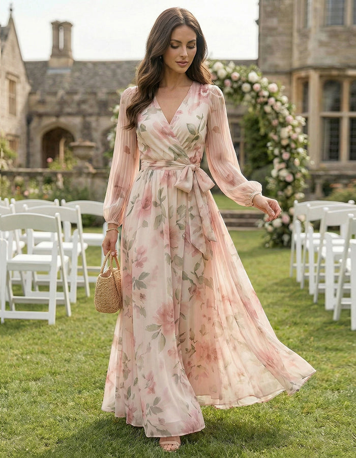 Rochie maxi roz cu imprimeu floral, decolteu în V și panglică din chiffon
