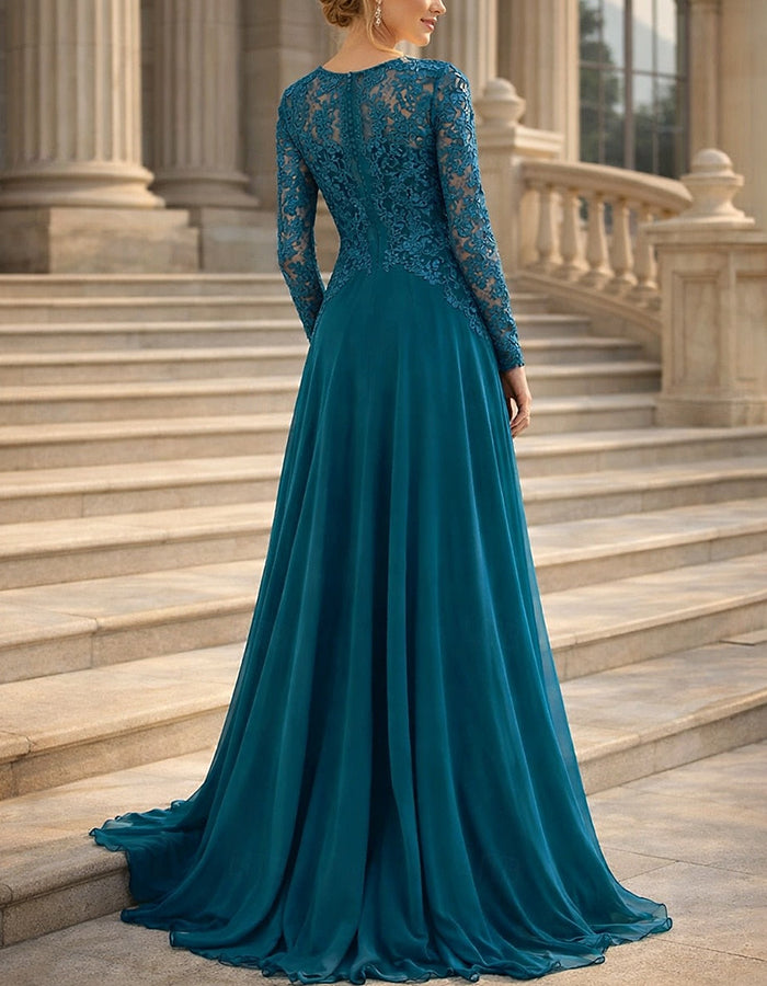 Vestido maxi verde azulada com corpete em renda e chiffon  