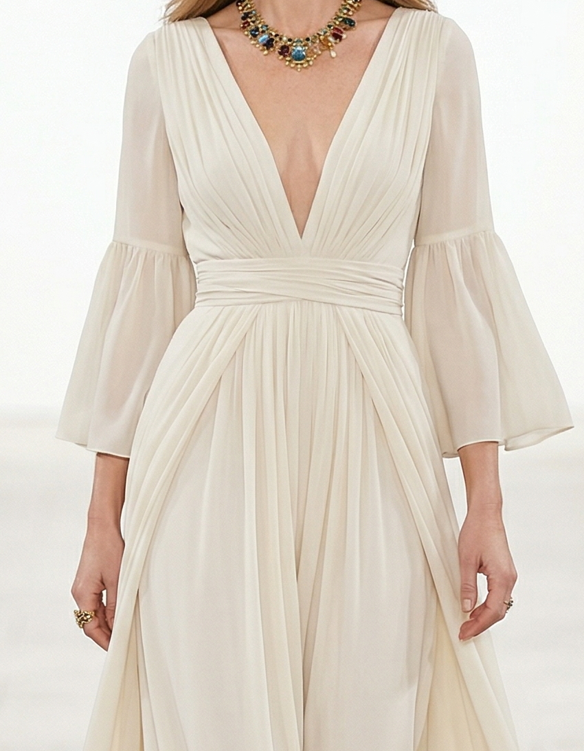 Maxikleid aus offwhitefarbenem Chiffon mit tiefem V-Ausschnitt und tailliertem Schnitt