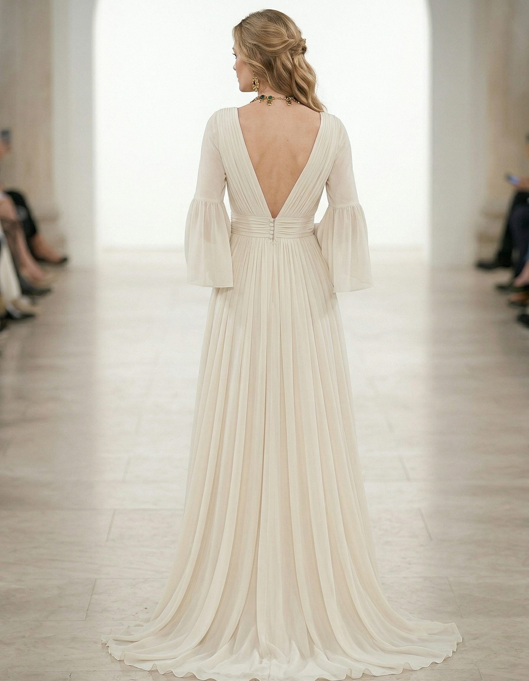 Maxikleid aus offwhitefarbenem Chiffon mit tiefem V-Ausschnitt und tailliertem Schnitt