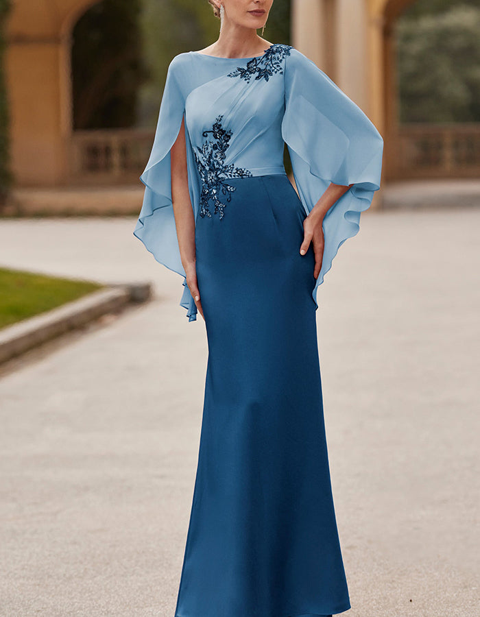 Vestido maxi sirena con apliques florales en azul polvo y azul marino