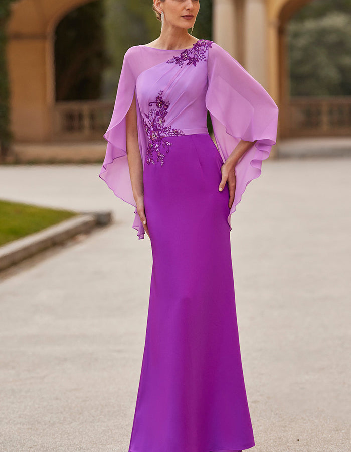 Vestido maxi sirena con apliques florales en azul polvo y azul marino