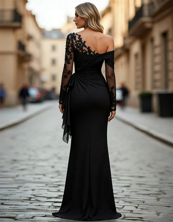 Vestido largo negro de encaje con hombros descubiertos