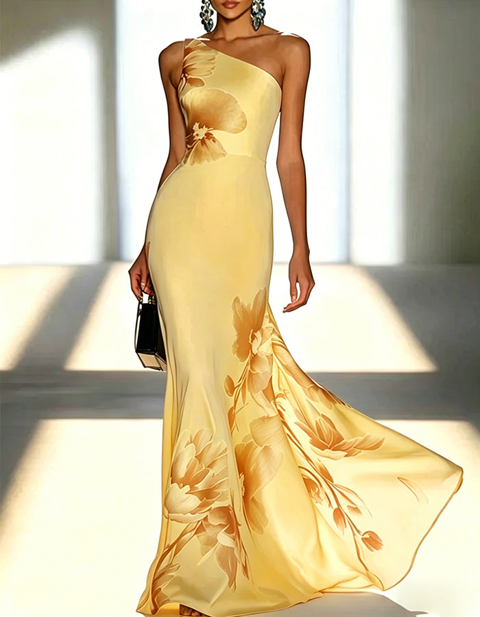 Vestido Maxi em Cetim Azul Claro com Estampa Floral em Estilo Tinta, Ombro Caído e Cauda de Peixe
