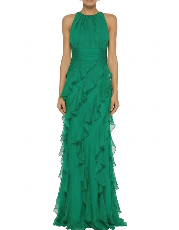 Robe longue élégante verte à volants
