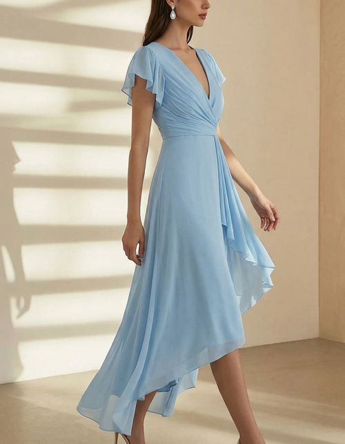 Vestito midi avvolgente in chiffon con maniche arricciate anticate