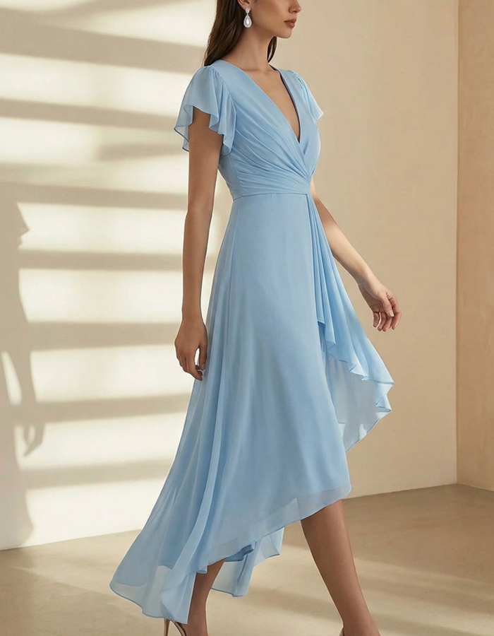 Vestito midi avvolgente in chiffon con maniche arricciate anticate