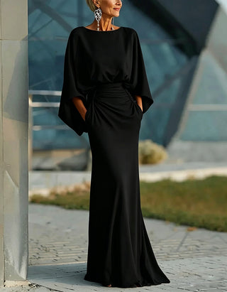 Vestido Maxi de Cor Sólida com Decote Redondo