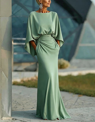 Vestido Maxi de Cor Sólida com Decote Redondo