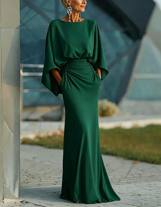 Vestido Maxi de Cor Sólida com Decote Redondo