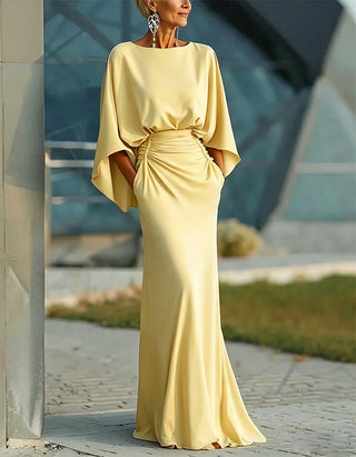 Vestido Maxi de Cor Sólida com Decote Redondo