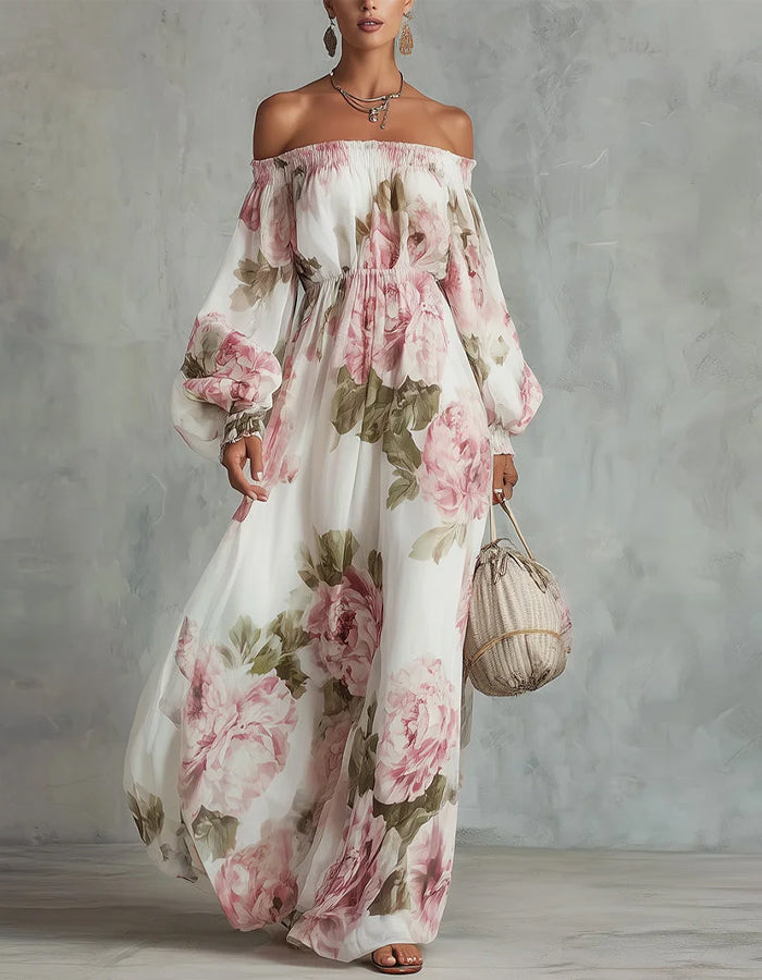 Vestido maxi blanco de gasa con estampado de rosas rosas y diseño de hombros descubiertos  
