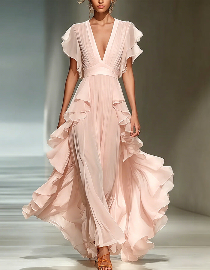 Vestido Maxi Rosa Claro de Chiffon com Decote em V e Folhos