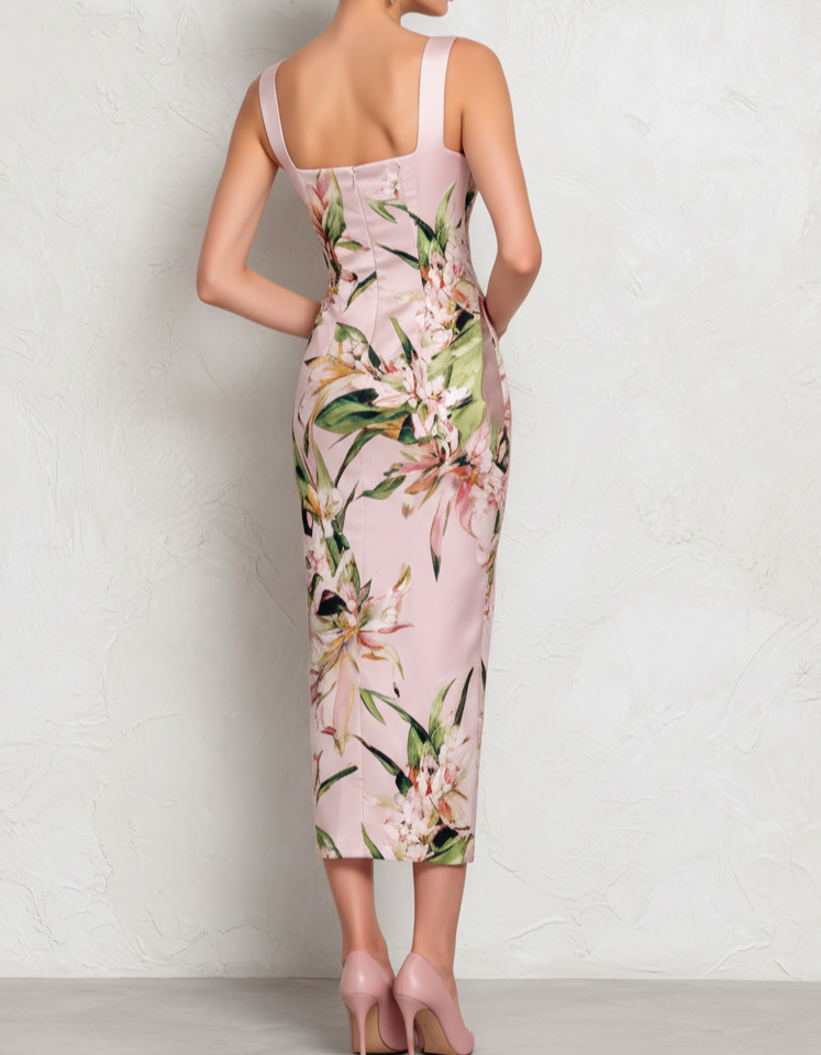 Abito midi in satin con stampa floreale a sottoveste