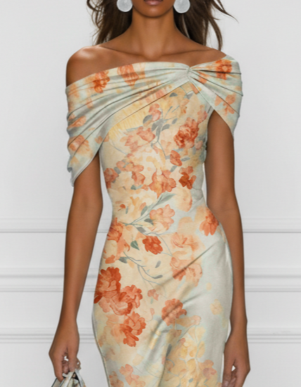 Vestido midi de satén azul claro con estampado floral amarillo