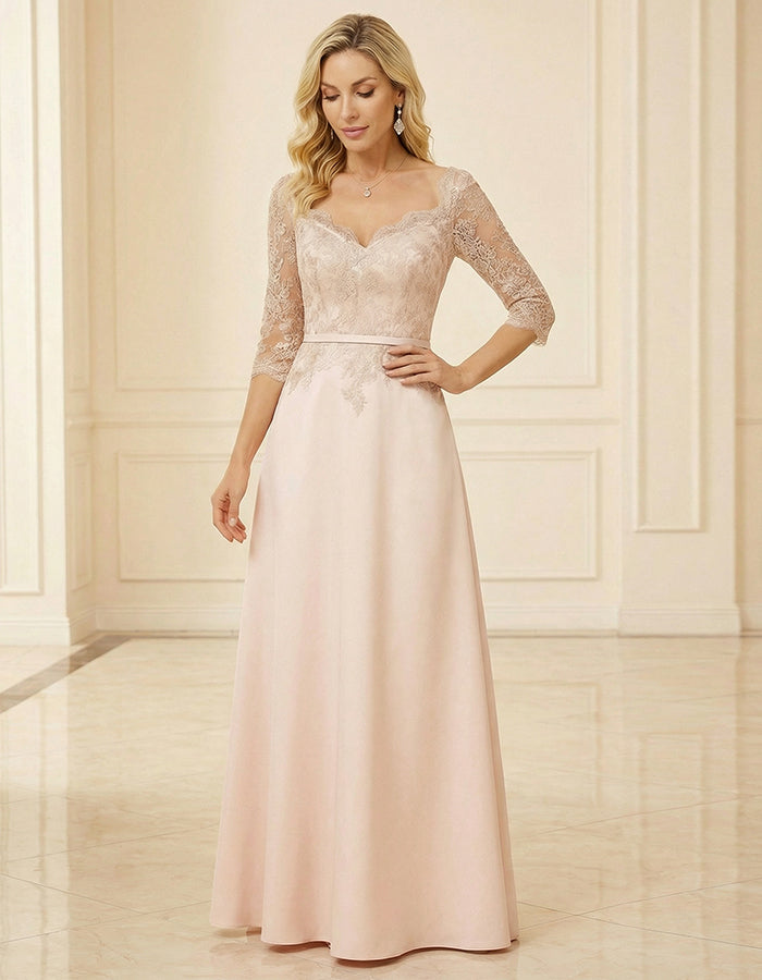 Vestido maxi rosa claro con encaje en patchwork  