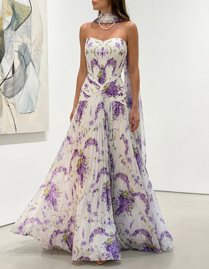 White With Purple Floral Strapless Top And Ribbon Maxi Dress