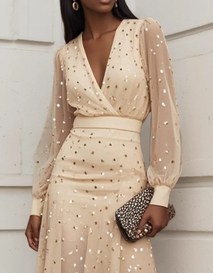 Vestido midi de chiffon champanhe com malha, lantejoulas e cintura franzida