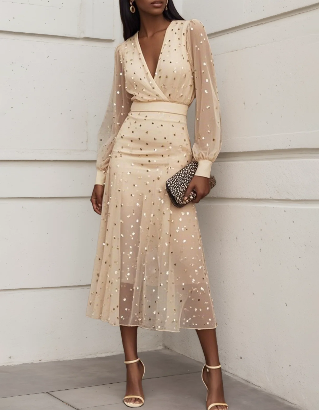 Champagne Chiffon Mesh Sequined Midi Dress With A Cinched Waist