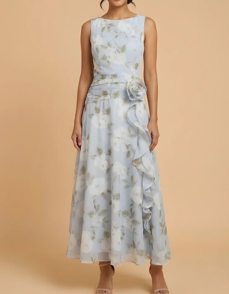 Vestido maxi con volantes y estampado floral en chiffon azul claro