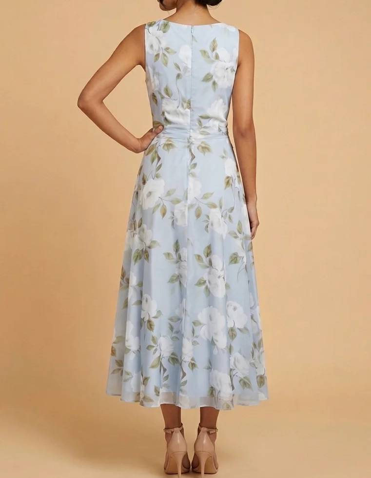 Vestido maxi con volantes y estampado floral en chiffon azul claro