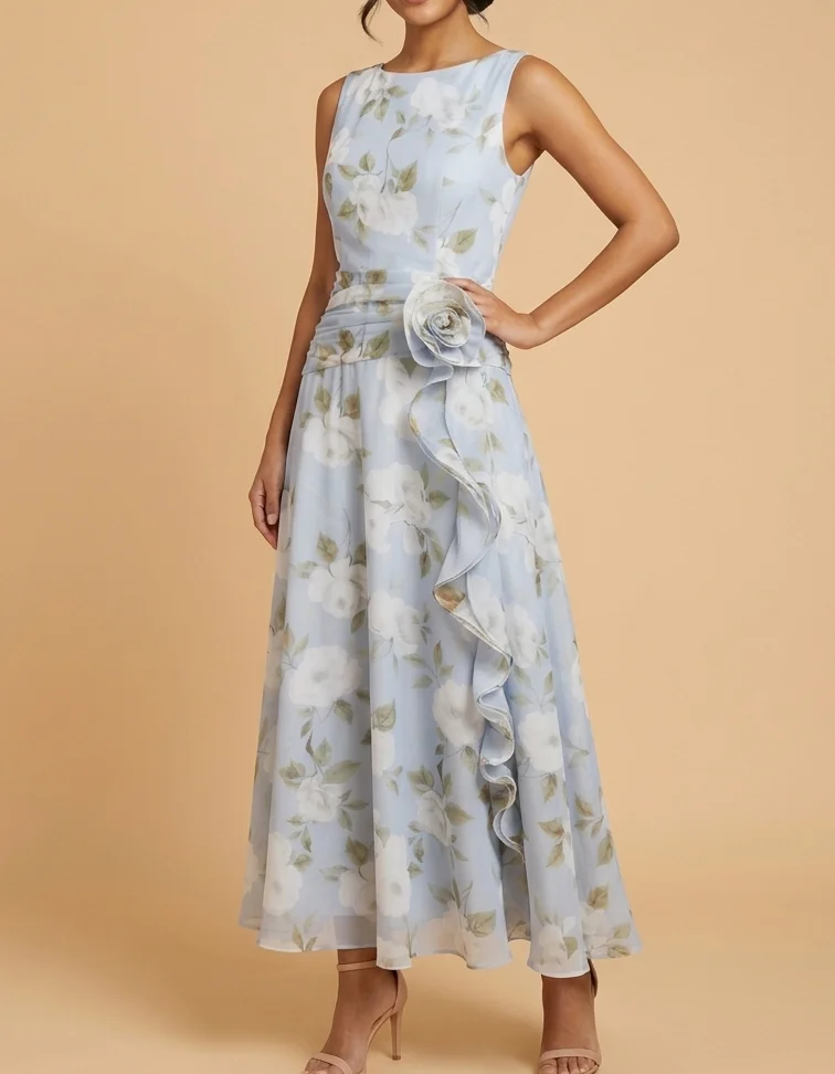 Abito lungo in chiffon azzurro chiaro con stampa floreale e volant