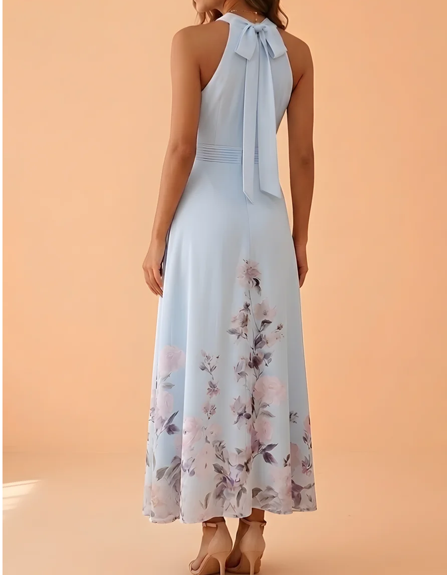 Vestido maxi de chiffon azul claro com estampa floral, decote halter e laço, corte em A