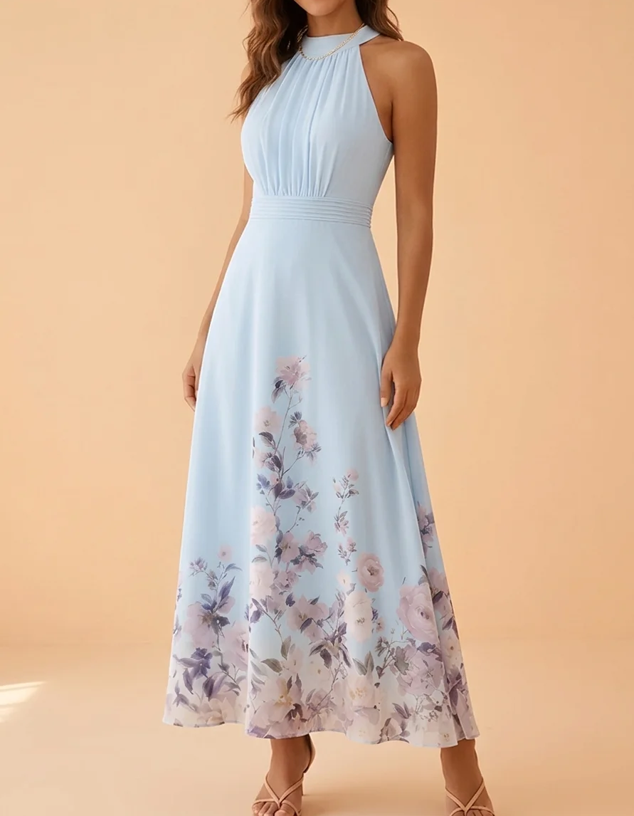 white floral print chiffon halterneck maxi dress Light Blue Halter Neck Tie A-Line – Elirelle Color:Vanilla Casual Dress with Flat sequined prom dresses Pair this dress with