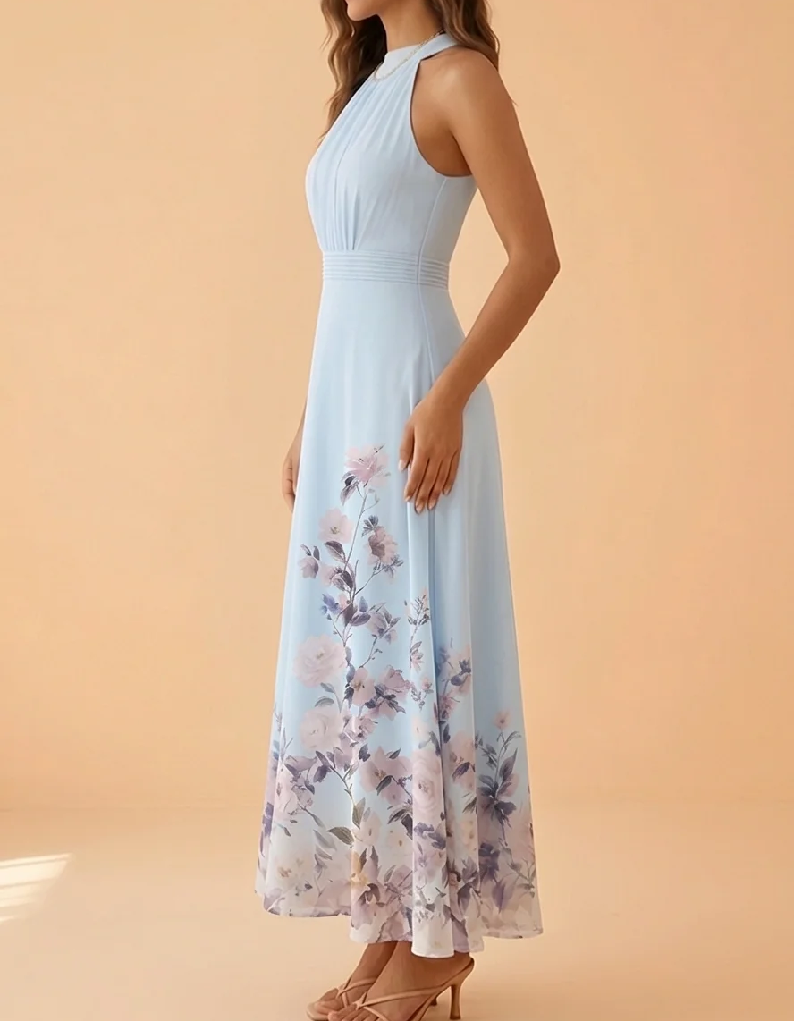 Vestido maxi de chiffon azul claro com estampa floral, decote halter e laço, corte em A