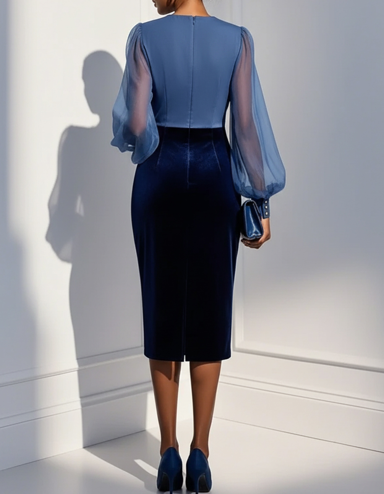Abito midi aderente in chiffon blu scuro con rete e velluto