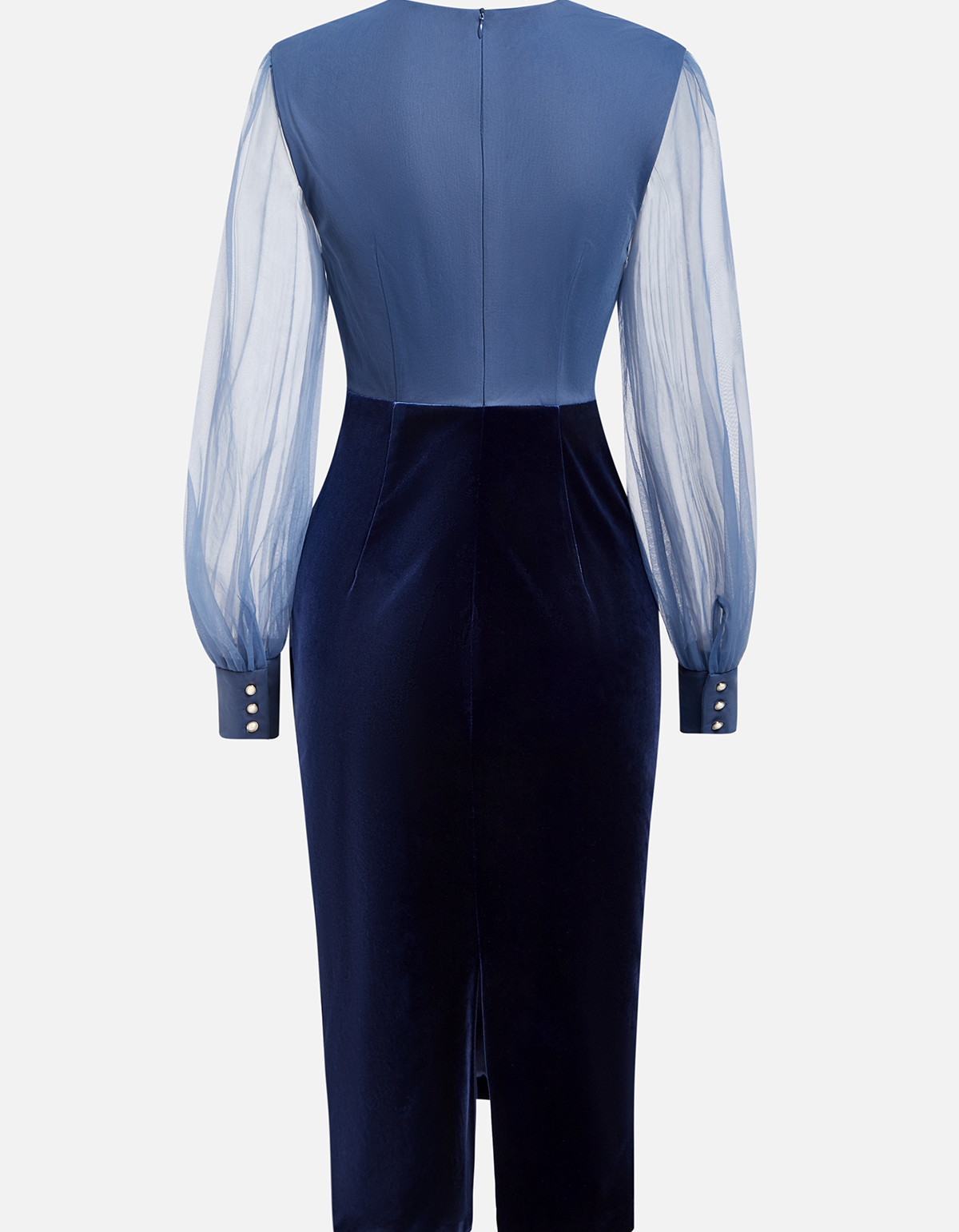 Σκούρο μπλε φόρεμα midi bodycon από σιφόν, βελούδο και δίχτυ