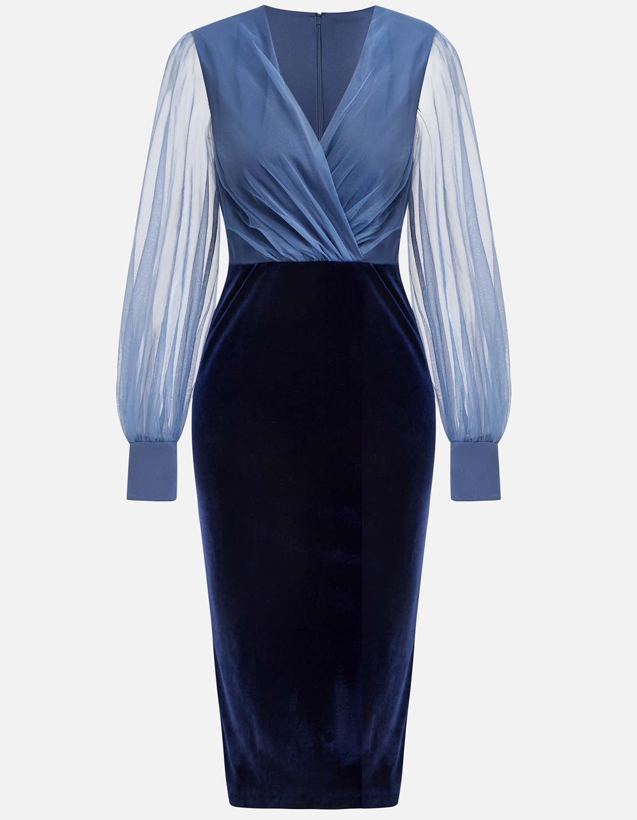 Σκούρο μπλε φόρεμα midi bodycon από σιφόν, βελούδο και δίχτυ