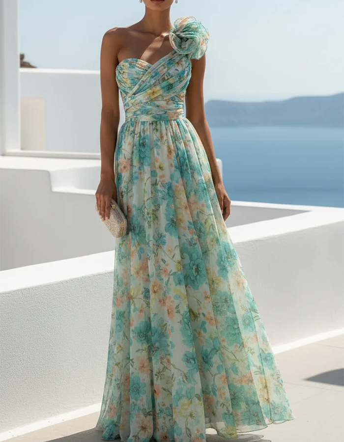Robe maxi en mousseline vert menthe et pêche à une épaule imprimé floral aquarelle