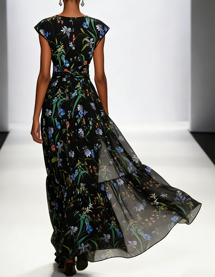 Robe maxi noire en mousseline imprimé fleurs sauvages multicolores