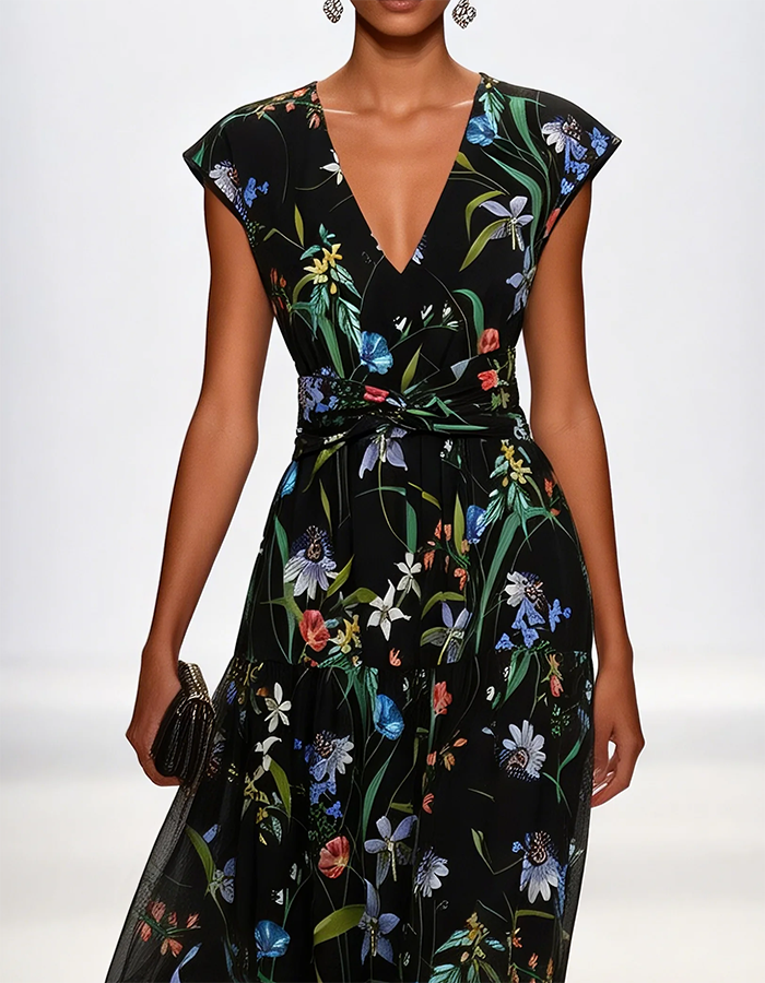 Robe maxi noire en mousseline imprimé fleurs sauvages multicolores