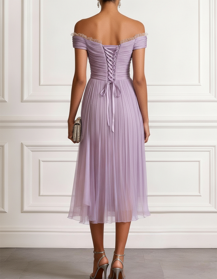Lavender Off-the-Shoulder Ruffled Pleated Chiffon Midi Dress
