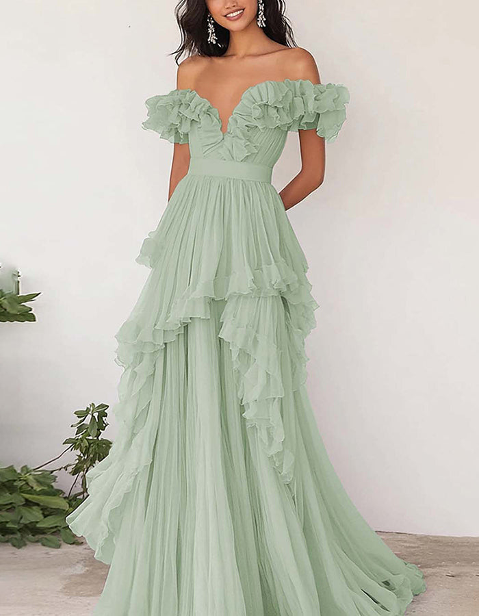 Vestido maxi lavanda com decote ombro a ombro e folhos em chiffon  