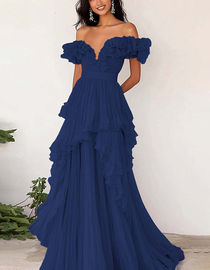 Vestido maxi lavanda com decote ombro a ombro e folhos em chiffon  