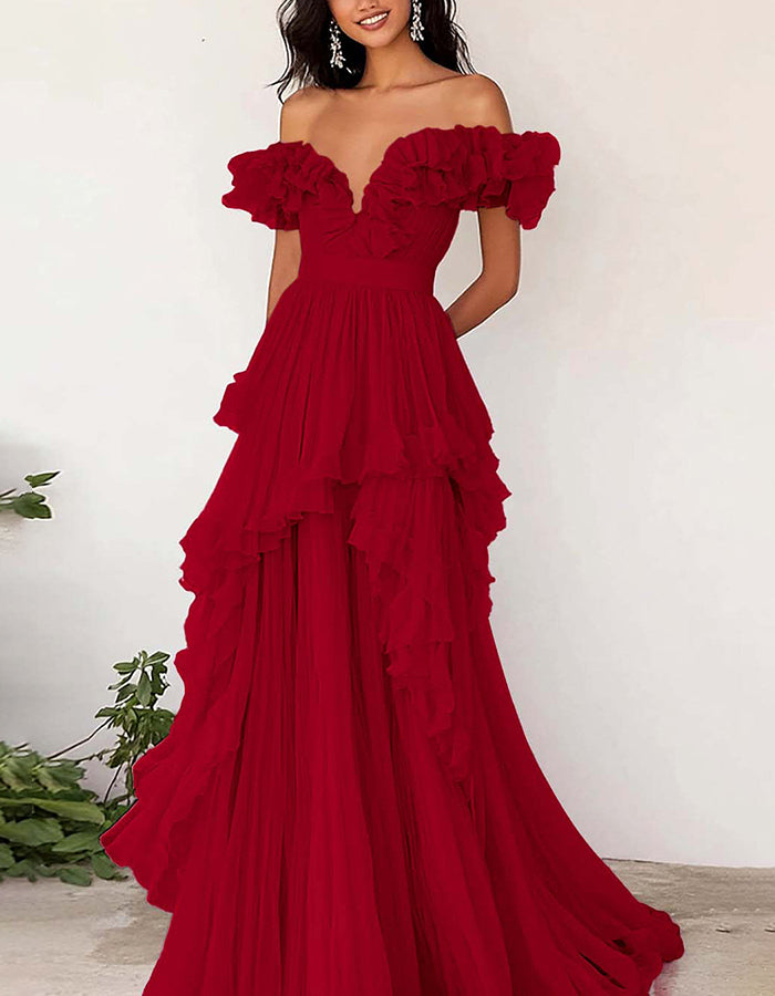 Vestido maxi lavanda com decote ombro a ombro e folhos em chiffon  