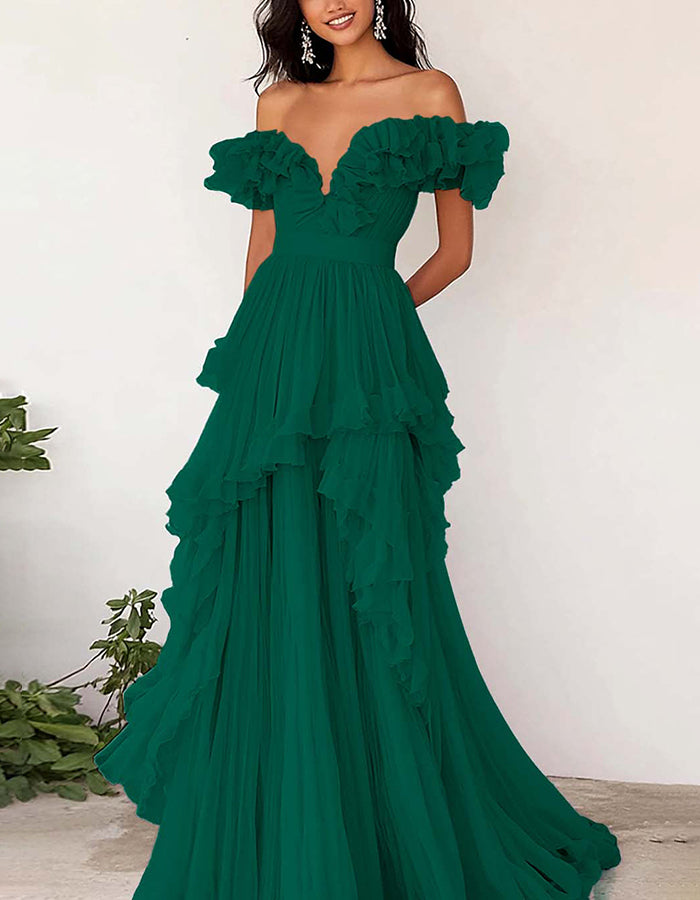Vestido maxi lavanda com decote ombro a ombro e folhos em chiffon  