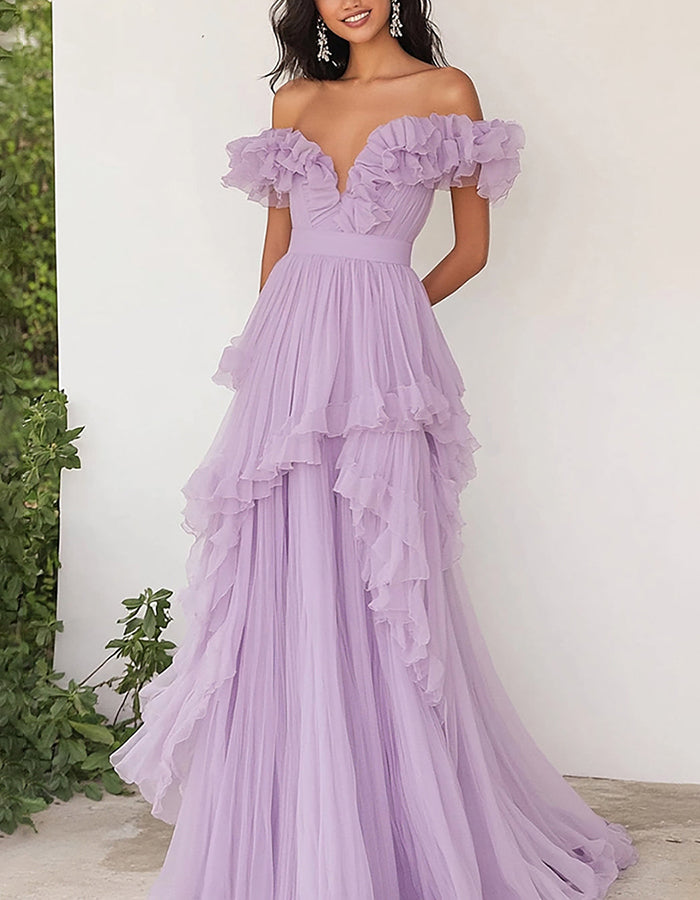 Vestido maxi lavanda com decote ombro a ombro e folhos em chiffon  