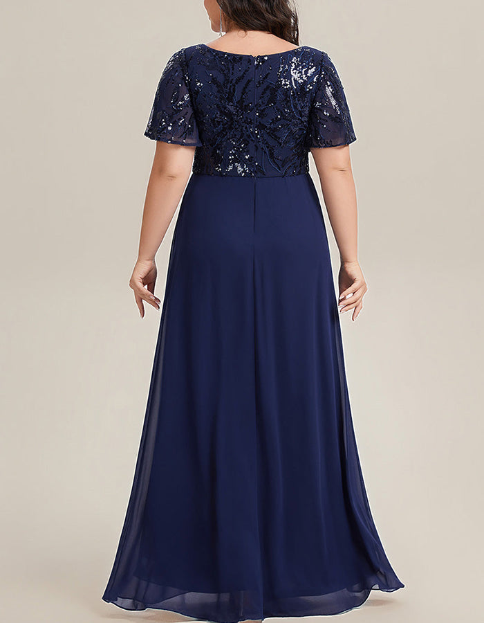 Navy Blue Sequin Bodice Chiffon Plus-Size Maxi Dress