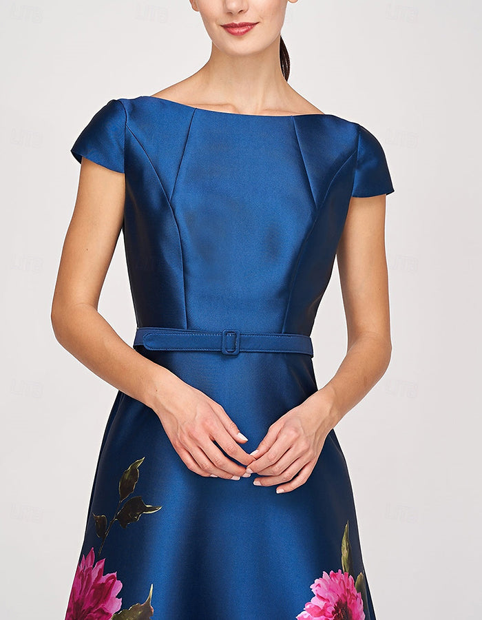 Königsblau & Rosa Blumen Satin tailliertes Midikleid