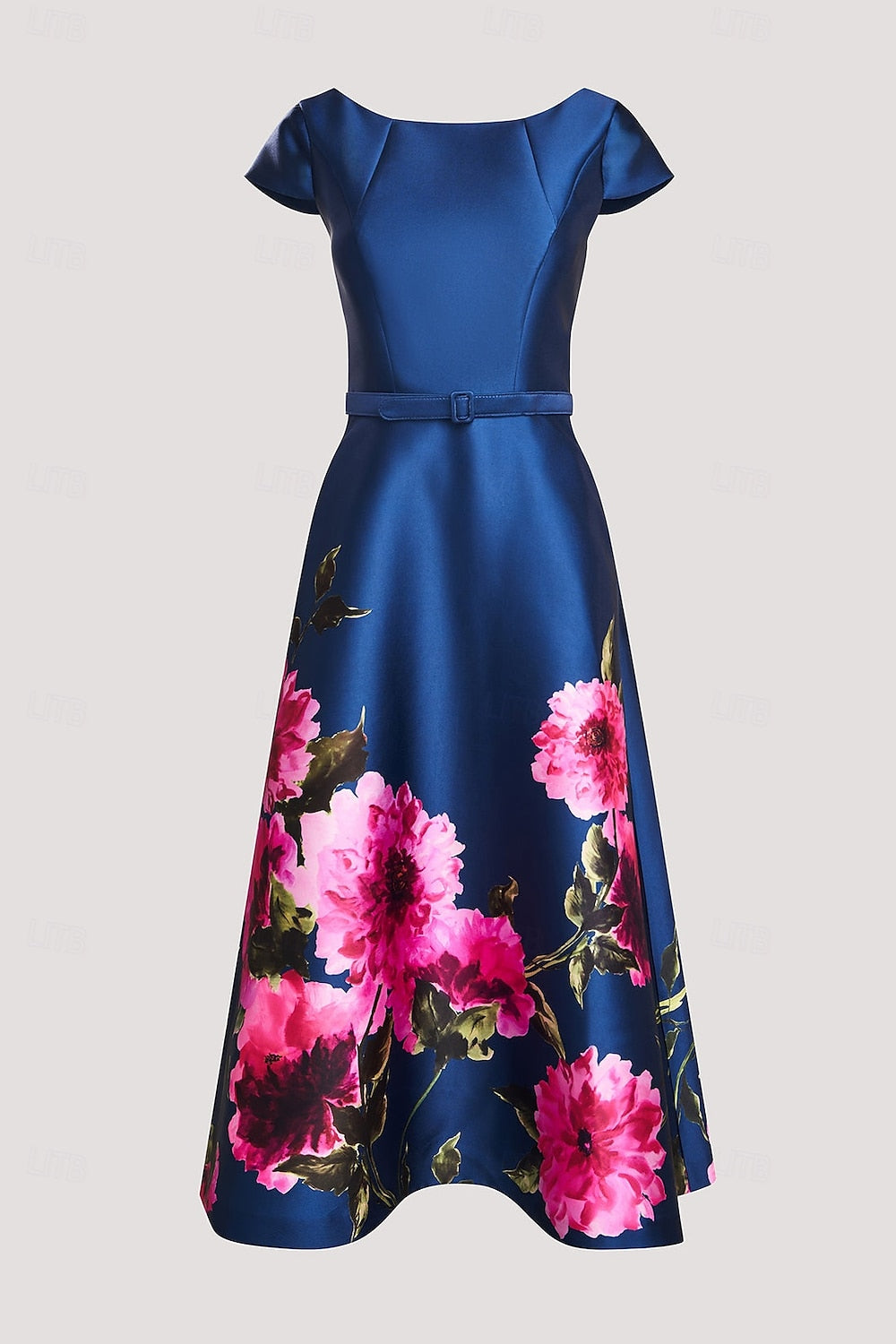 Königsblau & Rosa Blumen Satin tailliertes Midikleid