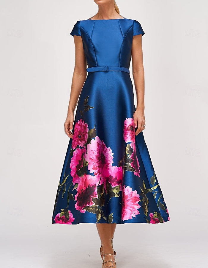 Königsblau & Rosa Blumen Satin tailliertes Midikleid