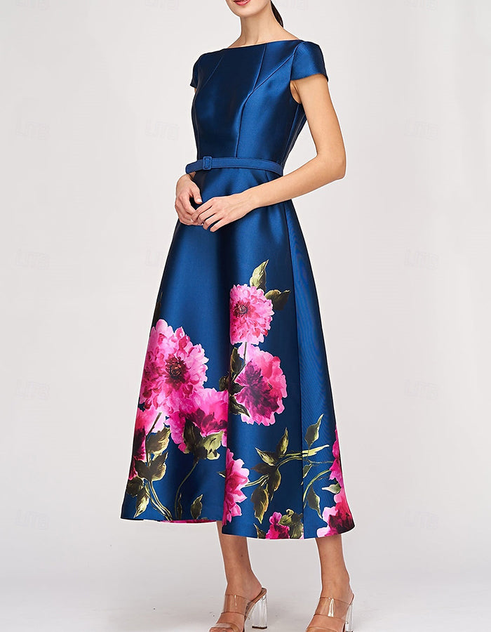 Robe midi ajustée évasée en satin bleu royal et rose à motif floral