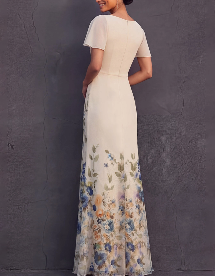 Vestido maxi sirena de gasa con estampado floral en acuarela beige