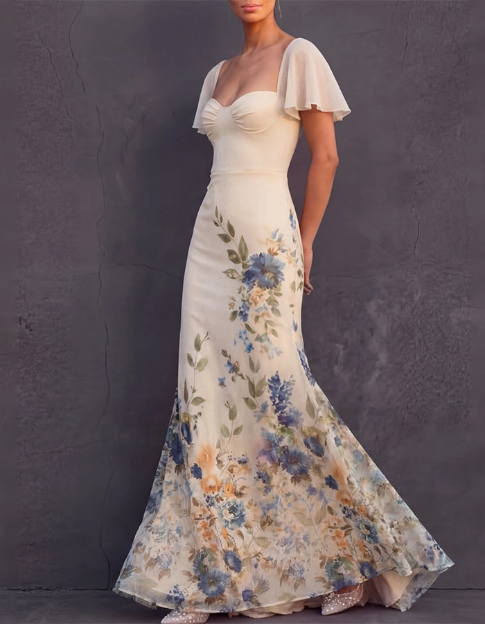 Vestido maxi sirena de gasa con estampado floral en acuarela beige
