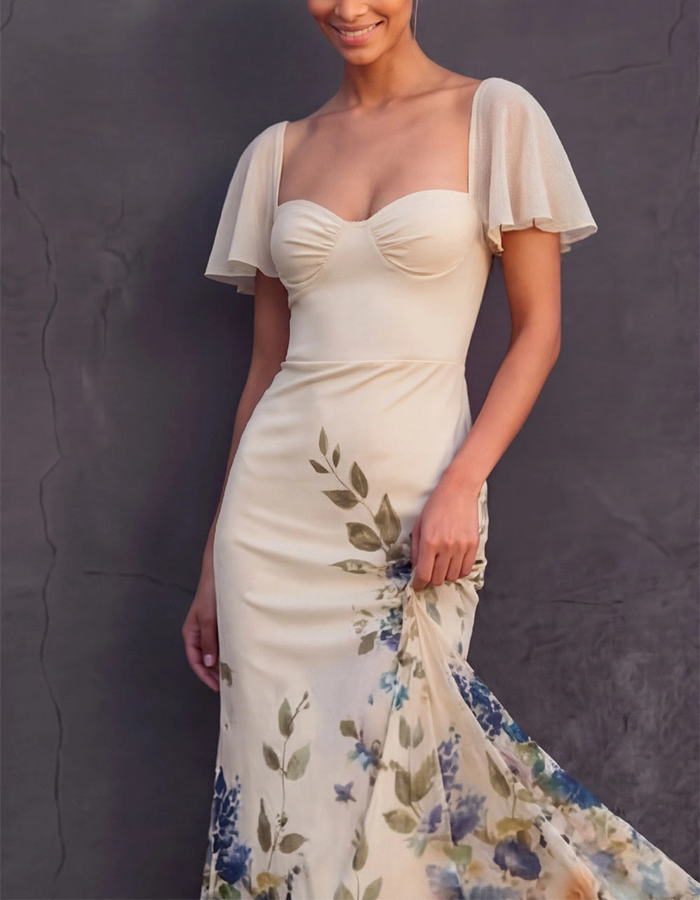 Vestido maxi sirena de gasa con estampado floral en acuarela beige