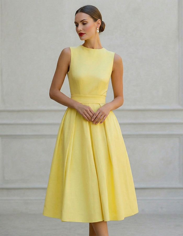 Lemon Yellow Round Neck With A Fitted Waist Midi Dress
